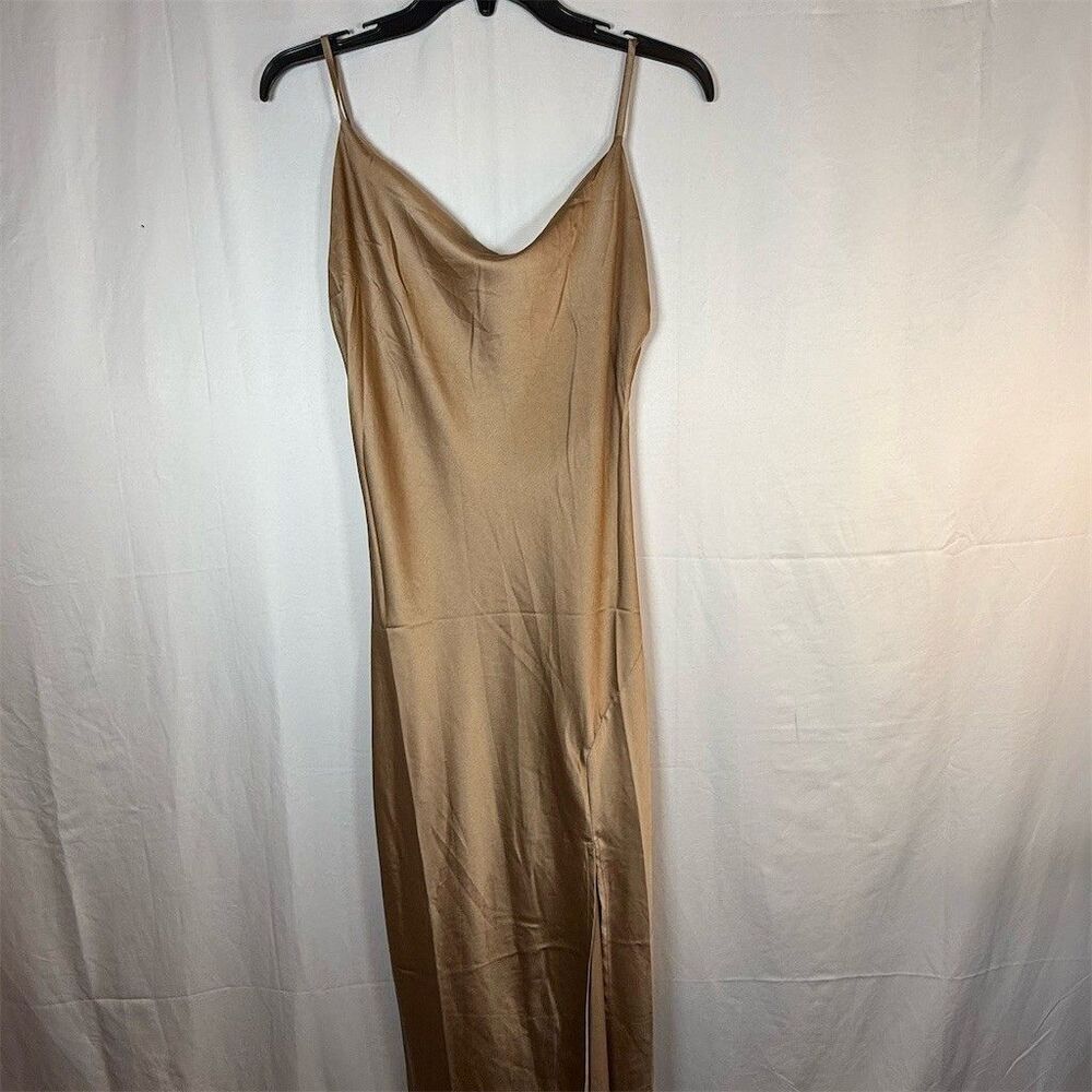 Paper Heart Slip Dress Womens XS Champagne Gold Cowl Neck Side Slit Long